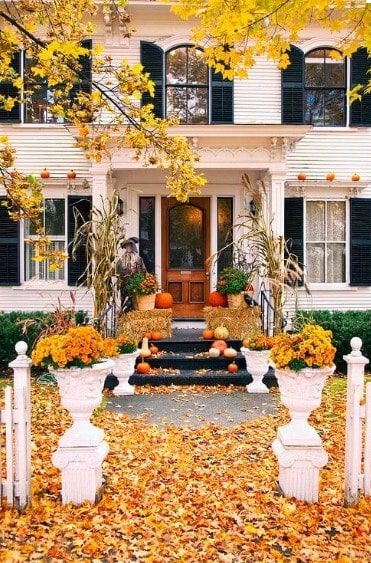 Maple leaves and pumpkin to decorate doorway in Canada for Halloween